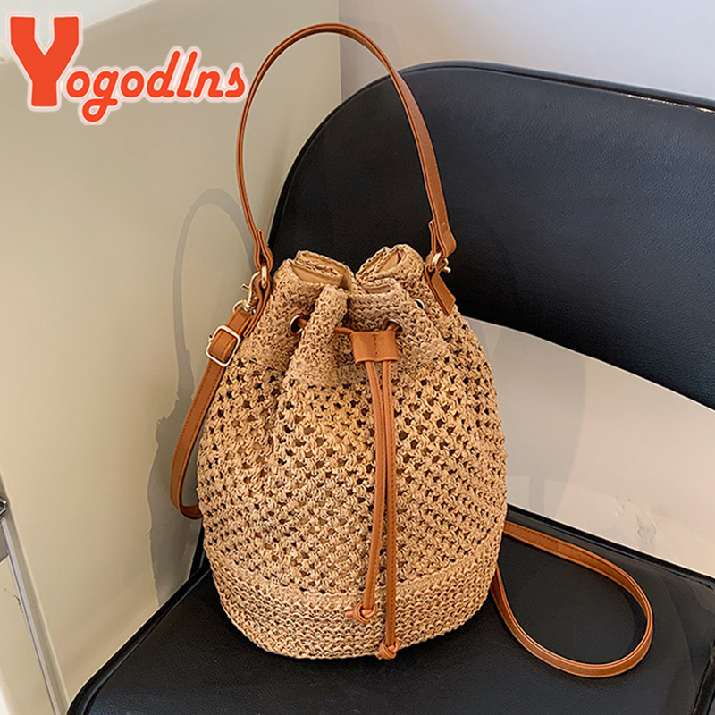 Basket Bag Wicker - Summer Braided Straw Bucket Bag For
